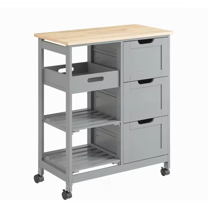 Mueble Auxiliar Cocina Carrito de Servir con 3 Cajones 2 Estantes y 1 Bandeja Extraíble Gris ES - 1