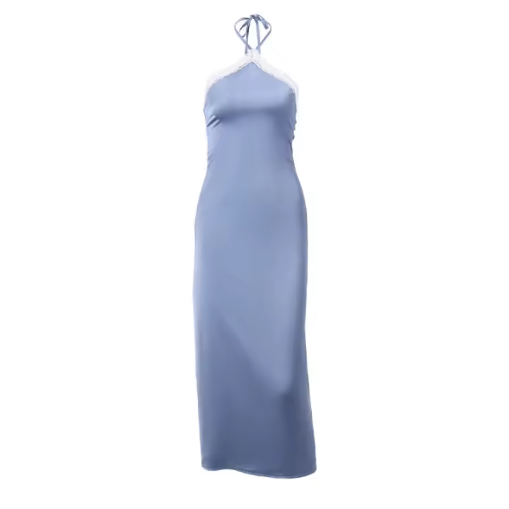 BUNO-Vestido largo sexi de satén con hombros descubiertos y cuello Halter, vestido veraniego de encaje estético con espalda descubierta y puntadas, bata elegante de fiesta para verano 2025 - 1