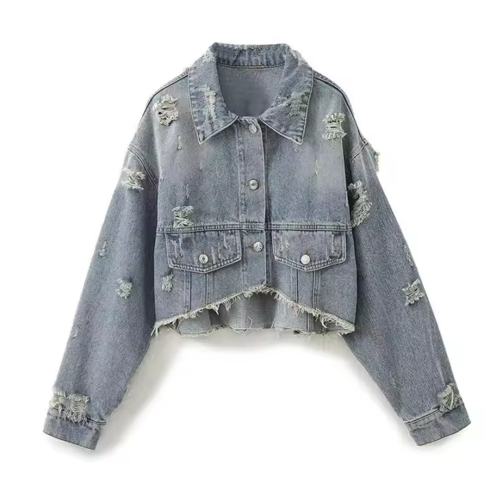 - st Ripped Short Denim Women, camiseta suelta con hombros caídos, chaqueta casual para mujer - 1