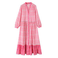 Ropa de mujer estilo europeo y americano de vacaciones vestido casual suelto con estampado largo con cuello en V - details 1