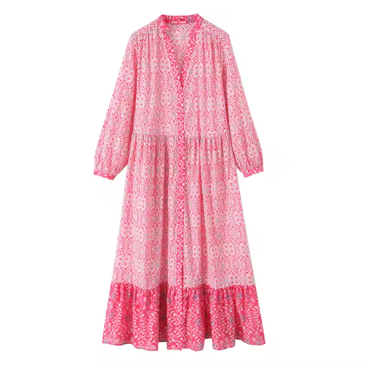 Ropa de mujer estilo europeo y americano de vacaciones vestido casual suelto con estampado largo con cuello en V - 1