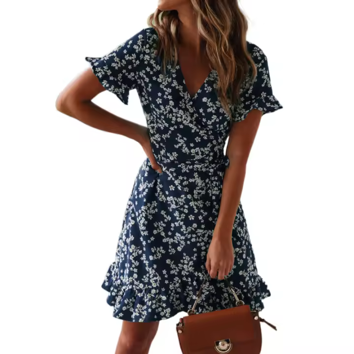 Ropa casual de moda para mujer, traje de verano, minifalda con cuello en V, estampado vintage - 1
