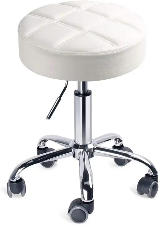Taburete de bar, taburete de cocina, silla de trabajo acolchada con ruedas, tapizada en piel sintética, altura ajustable (blanco) - 1