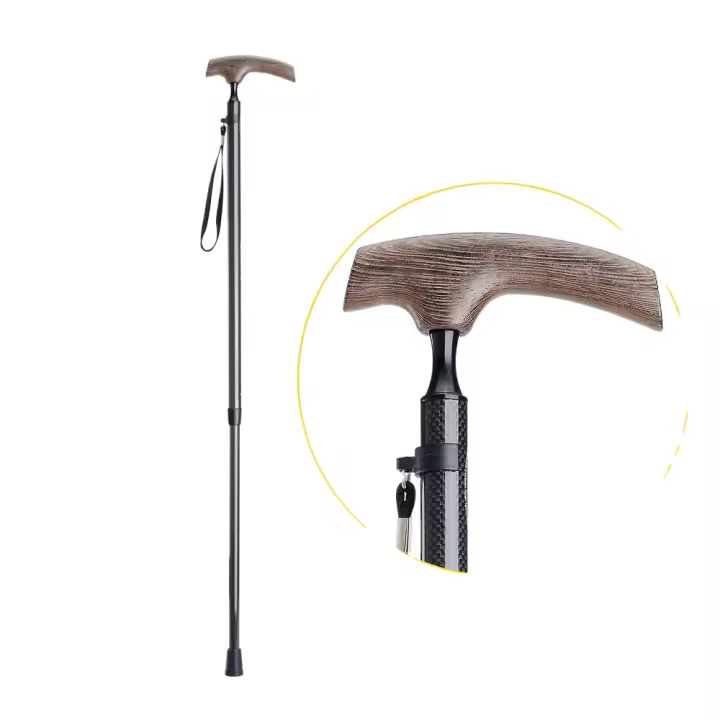 Bastón de fibra de carbono con mango de madera de Wenge, resistente, longitud ajustable, Base de goma para ancianos - 1