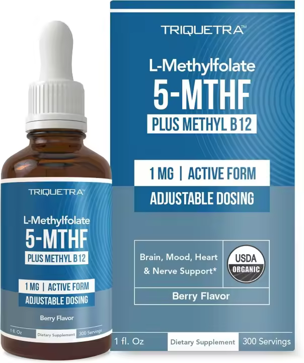 Folato 1000 mcg + Cofactor de metil B12 (300 porciones) Forma 5-MTHF metabólicamente activa, sabor a bayas orgánicas, líquido sublingual - 1