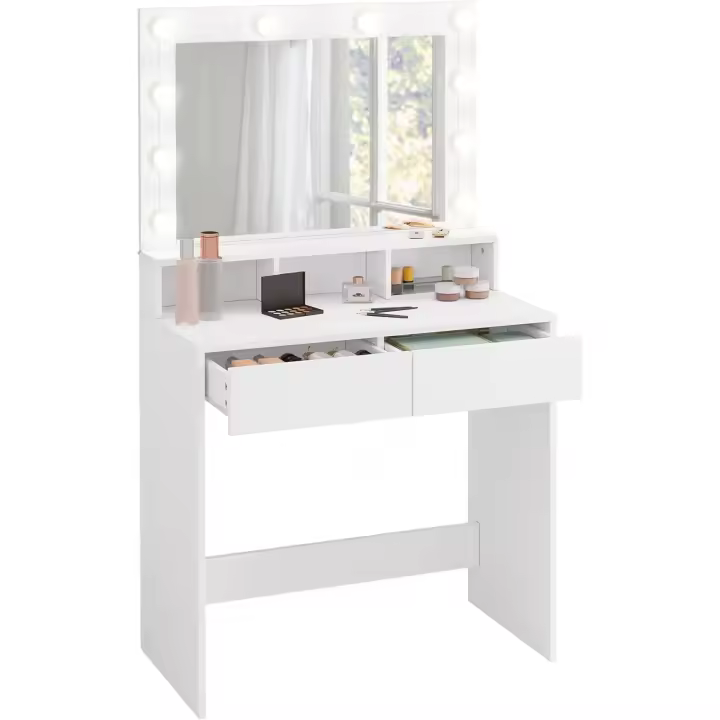 Tocador de Maquillaje con Luz LED y Espejo Grande, Mesa de Tocador con 2 Cajones y 3 Compartimentos Abiertos, Mueble de Dormitorio de Estilo Moderno, Blanco - 1