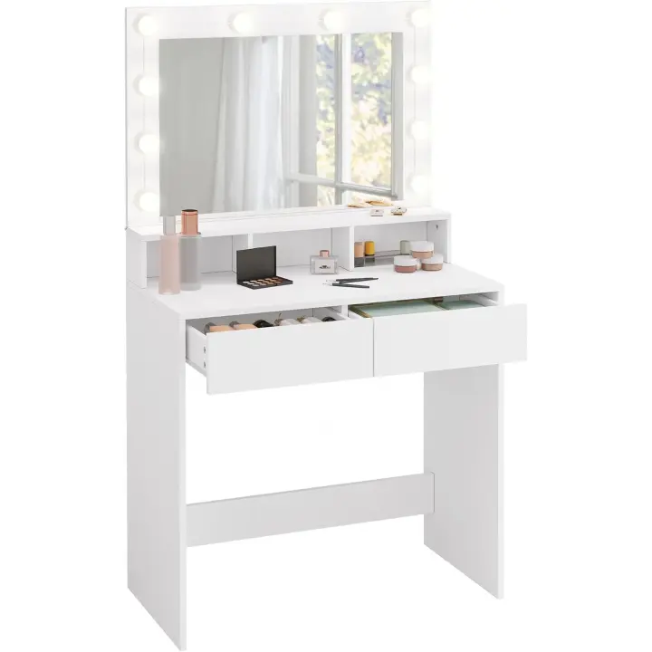 Tocador de Maquillaje con Luz LED y Espejo Grande, Mesa de Tocador con 2 Cajones y 3 Compartimentos Abiertos, Mueble de Dormitorio de Estilo Moderno, Blanco - 1