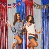 Decoración del Día de la Independencia Americana, bandera americana, cortinas con flecos de papel de aluminio metálico rojo, blanco y azul, 4 de julio, accesorios para fotos - details 0