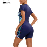 Traje de baño de 2 piezas de cintura alta para mujer con cuello simulado y cremallera de manga corta - details 3