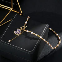 Color púrpura chara hadas collar de perlas de agua dulce para mujeres oro real chapado micro incrustado con circonitas púrpura colgante gargantilla - details 3
