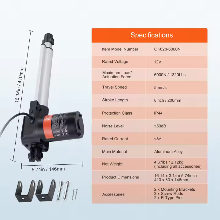 SucceBuy Actuador lineal de 12 V, 14 pulgadas de alta resistencia, 1320 lbs/6000 N, actuador de movimiento lineal de 0,19 "/s con soporte de montaje y protección IP44 para puertas eléctricas, maquinaria industrial, embarcaciones, carga - 1