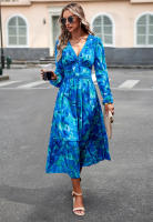 Vestido de manga larga con cuello en V estampado informal para vacaciones de otoño a la moda para mujer - details 13