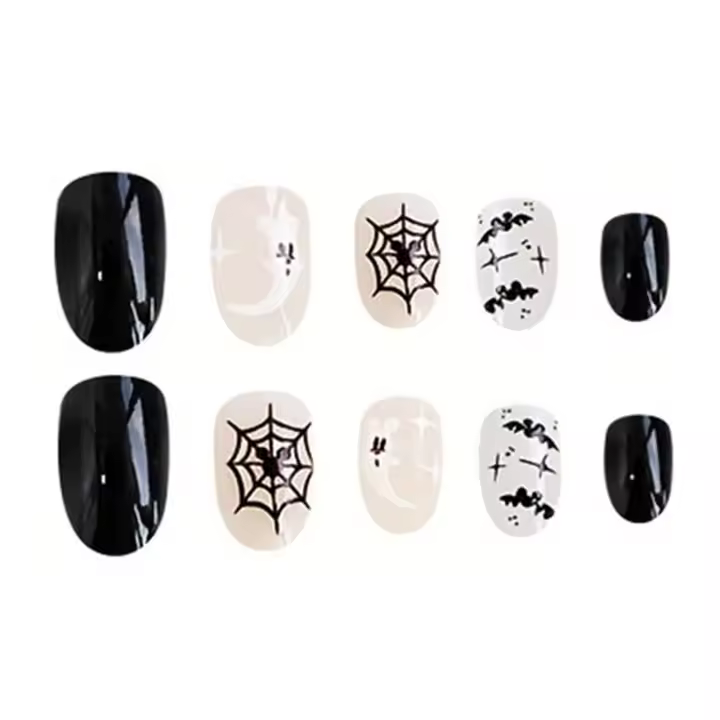 Parche de uñas postizas de Halloween para mujer, decoración de uñas elipse única en blanco y negro, maquillaje de manicura - 1