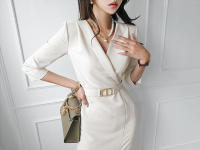 BGTEEVER-vestido ajustado elegante con cuello en V para mujer, vestido de tubo con cinturón de cintura delgada, moda de otoño - details 7