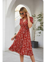 Summer floral print women boho short sleeve v neck split elegant a line party beach dress - details 13