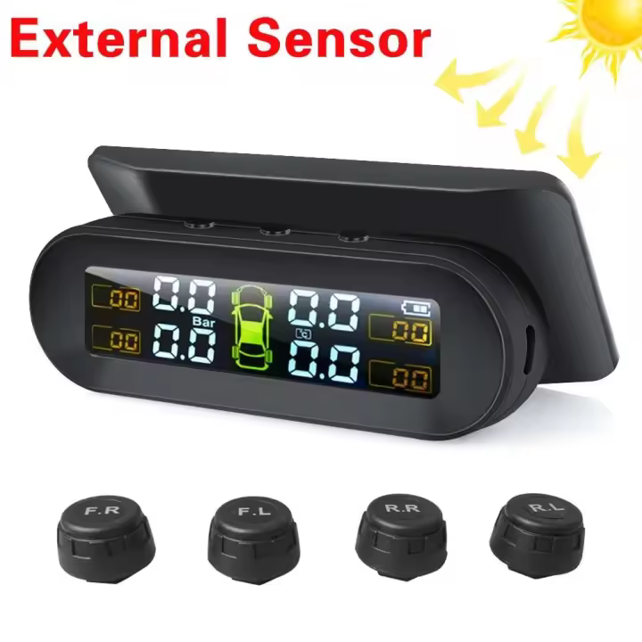 Sistema de supervisión de alarma de presión de neumáticos de coche TPMS, Control automático de brillo, energía Solar inalámbrica, 4 sensores, accesorios de decoración - 1