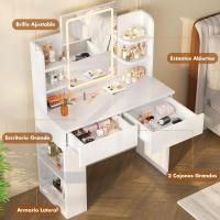 Tocador de Maquillaje con Luces LED, Brillo Ajustable, Mesa de Maquillaje con Espejo, con 2 Cajones Grandes y 4 Estantes Abiertos y Taquilla Lateral, Moderno, 90x40x135cm, Blanco - details 1