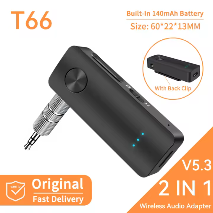 VAORLO 2 en 1 Bluetooth 5.3 Transmisor Receptor de Audio 3.5MM AUX Hifi Estéreo Adaptador Inalámbrico de Música con Micrófono para Coche Avión TV PC Auriculares Altavoz Amplificador - 1