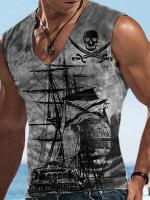 Chaleco con cuello en V para hombre, moda urbana de verano, top para deportes al aire libre, chaleco holgado y cómodo con estampado de barco pirata - details 5