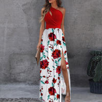 Vestido largo de hombro oblicuo para mujer, sin mangas, cintura alta, vestido dividido, vestido Swing grande, Nuevo - details 9