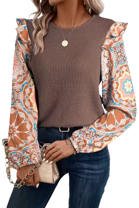 Elrachen Blusa de cuello redondo de punto de gofre con retazos y mangas con volantes florales para mujer, café, tallas S-XL - 1