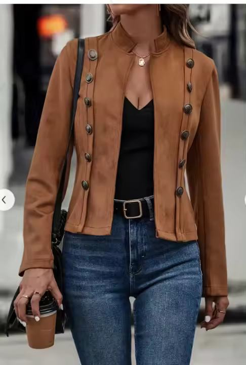 Chaqueta de mujer de ante, cárdigan informal, cuello levantado - 1