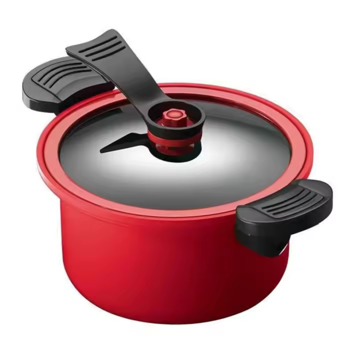 Olla a presión con tapa de 3.5L, con revestimiento antiadherente, antiquemaduras, mango de dos orejas, olla de estofado, fondo plano rojo y verde, microolla a presión - 1