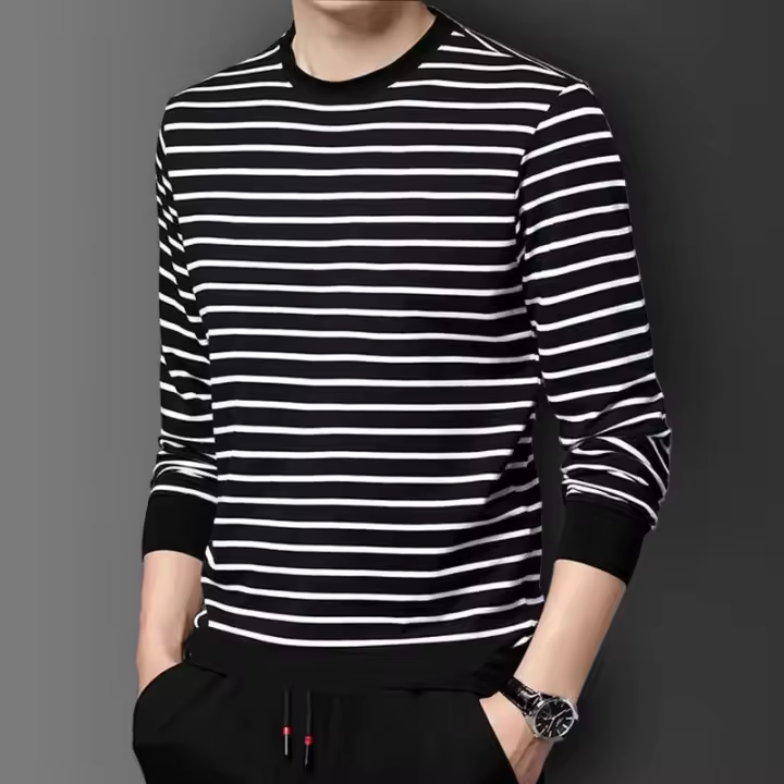 Suéter de cuello alto a rayas para hombre, camisa informal holgada de manga larga, chaqueta interior, primavera y otoño, nuevo - 1