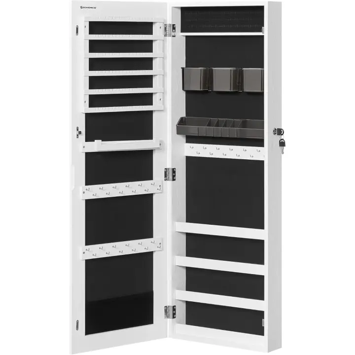 Armario Joyero, Espejo Joyero Montado en la Pared o en la Puerta, Espejo Colgante con Cerradura, 2 Organizadores de Maquillaje de Plástico Extraíbles, Idea de Regalo, Blanco - 1