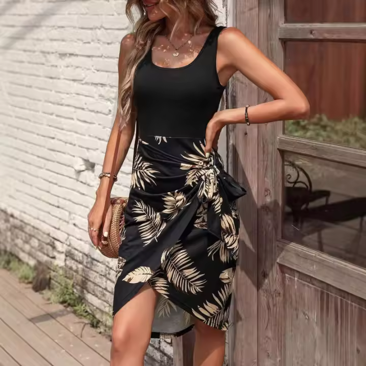 Vestido midi de verano estampado para vacaciones en la playa para mujer - 1