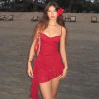BUNO-Minivestido Sexy con volantes y purpurina para mujer, vestido asimétrico rojo con espalda descubierta para fiesta y playa, vestidos ajustados para primavera y verano 2025 - details 6
