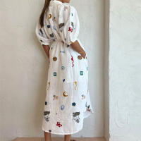 Vestido de mujer Vestido camisero con manga de burbuja y cuello estampado holgado a la moda para mujer 661 - details 5