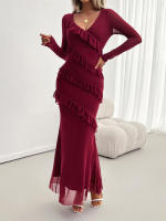 Vestido de malla con cuello en V, elegante y entallado, de manga larga para mujer, otoño invierno - details 10