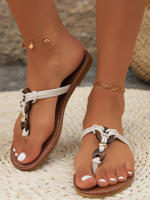 Chanclas planas de tela de talla grande con tiras finas para mujer, sandalias retro con hebilla y punta abierta para exteriores - details 1