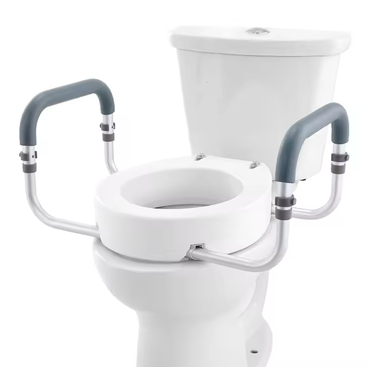 SucceBuy Asiento de inodoro elevado, 3.5" de altura, capacidad de 300 libras, pasamanos de aluminio con acolchado de EVA, para ancianos, discapacitados, embarazadas, uso médico, inodoro redondo estándar, blanco - 1