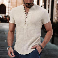 Blusa de lino para hombre, camiseta informal de manga corta con cuello Henley, talla grande, negro, blanco, gris, vino, rojo, beige - details 5