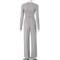 Conjunto de pantalón de pierna ancha y top de manga larga básico de color sólido nuevo de otoño para mujer Y24593 - details 29