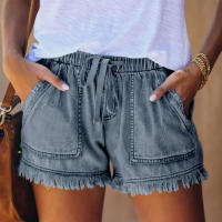 Pantalones Cortos de Denim Tendencia de Verano Cintura Elástica con Cordón, Borda con Flecos, Pocket para Mujer - details 3