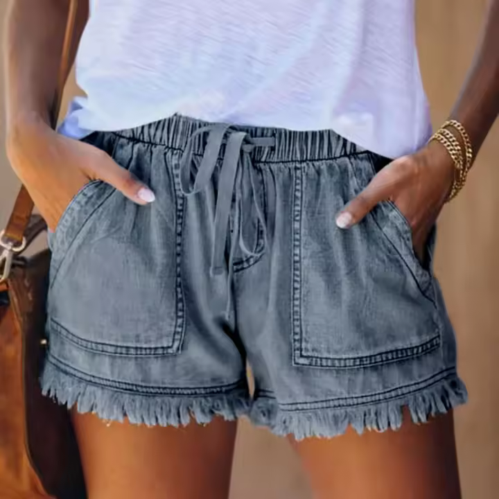 Pantalones Cortos de Denim Tendencia de Verano Cintura Elástica con Cordón, Borda con Flecos, Pocket para Mujer - 1