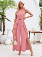 Mono pantalon mujer pierna ancha  Color puro Casual Sexy y elegante Collar COLGANTE Mono plisado - details 2