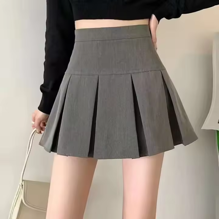 Falda plisada gris Vintage para mujer, minifaldas Kawaii de cintura alta, uniforme escolar de moda coreana, ropa de calle Haruku para primavera - 1