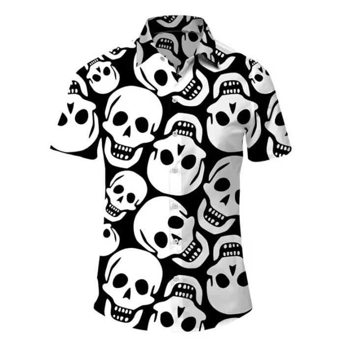Camiseta Casual de Hip-Hop para Hombres Manga Corta, Estampado de Calavera, Talla Grande, Ropa Casual Hawaiana, Botones de Escote, Moda Callejera Vintage - 1