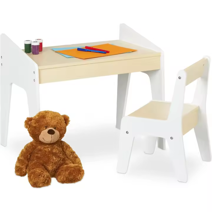 Mesa y Silla Infantil en Set, Muebles para Niños, Unisex, para Pintar y Hacer Manualidades, Blanco y Beige, Tablero de Fibras, 51 x 60,5 x 37,5 cm - 1