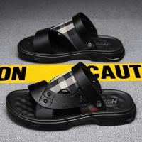 Sandalias de los hombres de la primera capa de cuero de vaca, zapatos de playa de suela suave, cojín de látex de los hombres de verano, nuevas dos zapatillas de desgaste, sandalias al aire libre - details 12
