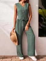 Conjunto de lino para mujer Verano 2025 Chaleco con botones y cuello en V y pantalones de pierna ancha - details 4