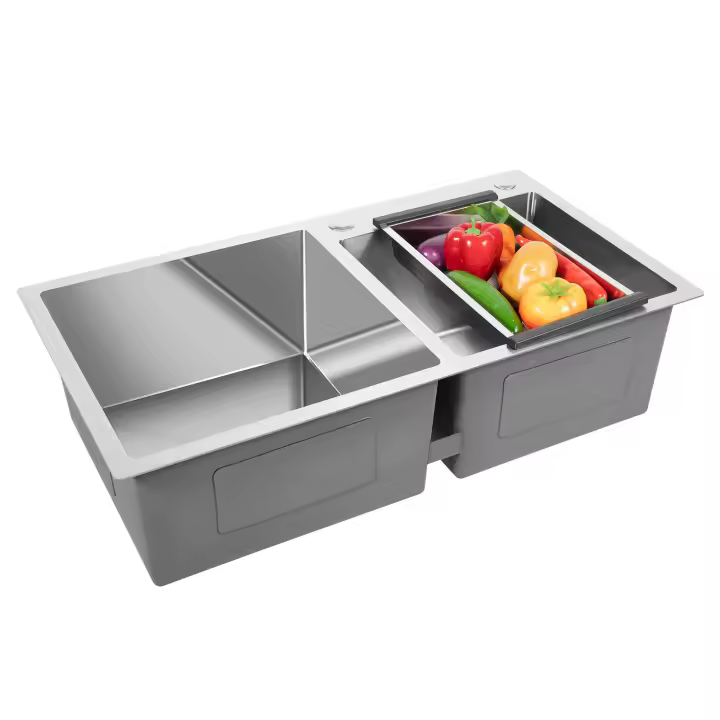 Fregadero de cocina de doble lavabo, fregadero de cocina integrado estable de acero inoxidable con drenaje - 1