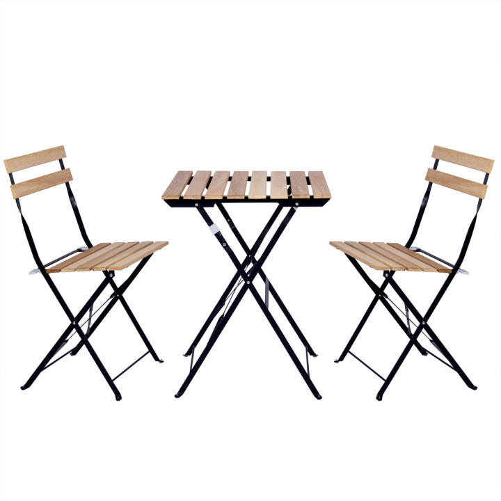 Conjunto de 3 Muebles de Mesa y 2 Sillas, Jardín, Exterior, Plegables, Metal y Madera, para Terraza Estilo Retro, Patas Antideslizantes, Balcones Pequeños, Terrazas