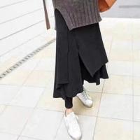 Falda de pantalones de cintura alta, cintura elástica, mallas gruesas, falda larga falsa de dos piezas con forro polar para mujer - details 7