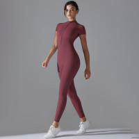 Body de yoga para mujer, ropa moldeadora deportiva de manga corta, traje de gimnasio de una pieza, nailon de color sólido - details 26