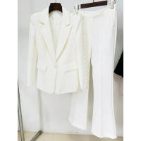 Blazer de mujer de un solo botón con perlas, blazer de oficina delgado, traje de pantalón acampanado, conjunto de talla grande, - details 2